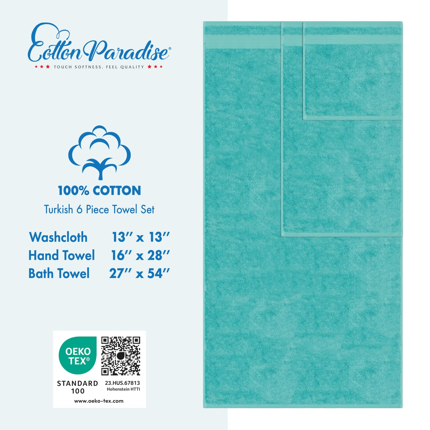 Cotton Paradise 100% Cotton Turkish Towel Set, Soft Absorbent Quick Dry, 6 Piece Towel Set, Turquoise