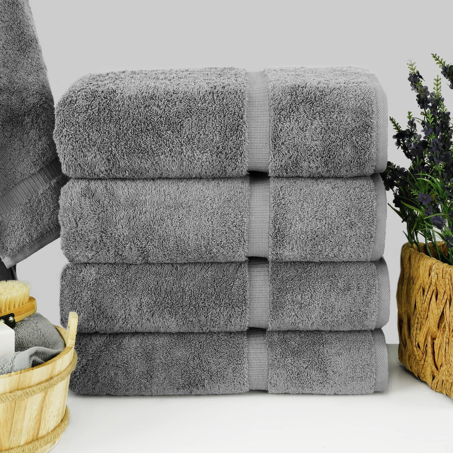 Chakir Turkish Linens 4 Piece Bath Towel Set, 100% Cotton Luxury Turkish Towels for Bathroom, Soft Absorbent Bath Towels, 27 x 54 Inches, Gray