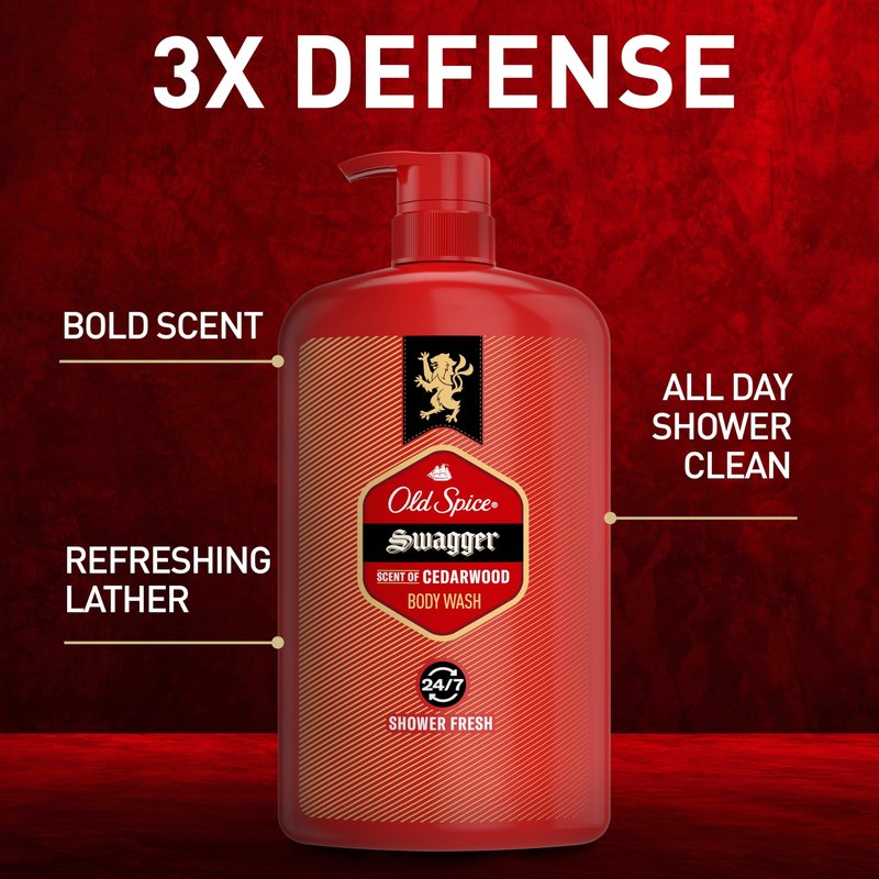 Old Spice Body Wash for Men, Refreshing 3X Defense, 24/7 Shower Fresh with Long Lasting Scent, Red Collection, Swagger with Cedarwood Scent, 33.4 oz (Pack of 4)