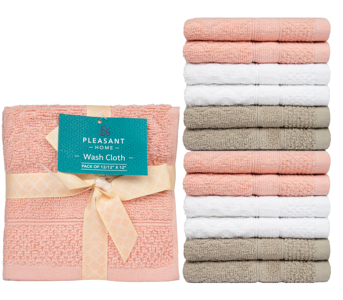 PH Pleasant Home Diamond Wash Cloths Set - 12 Pack (12” x 12”) – 509 GSM - 100% Ring Spun Cotton Wash Cloth - Super Soft and Highly Absorbent Face Towels (Blush, White & Tan)