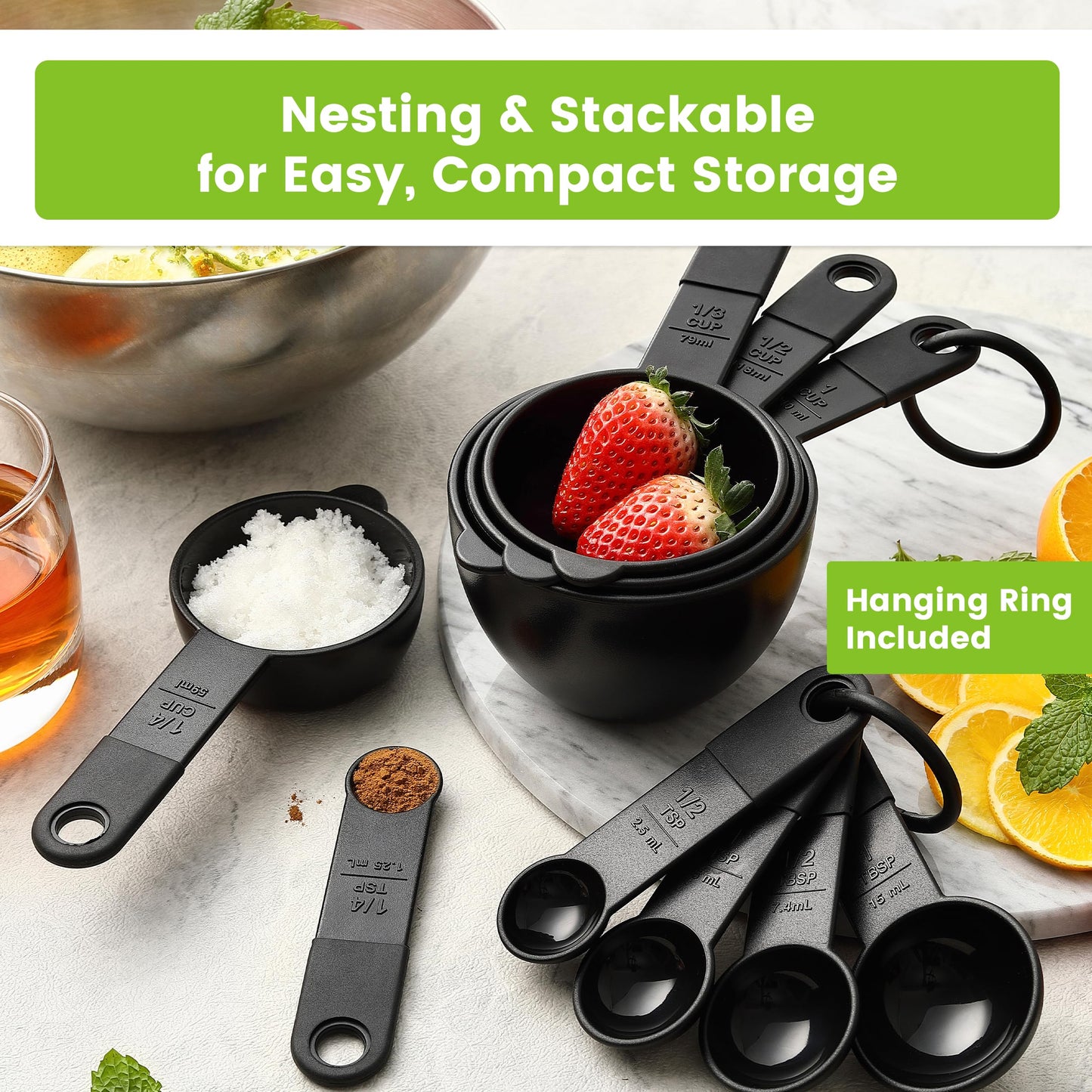 Spring Chef Magnetic Measuring Cups and Spoons Set of 9, Nesting Kitchen Tool with Easy to Read Markings for Measuring Dry or Liquid Ingredient, BPA Free, Black