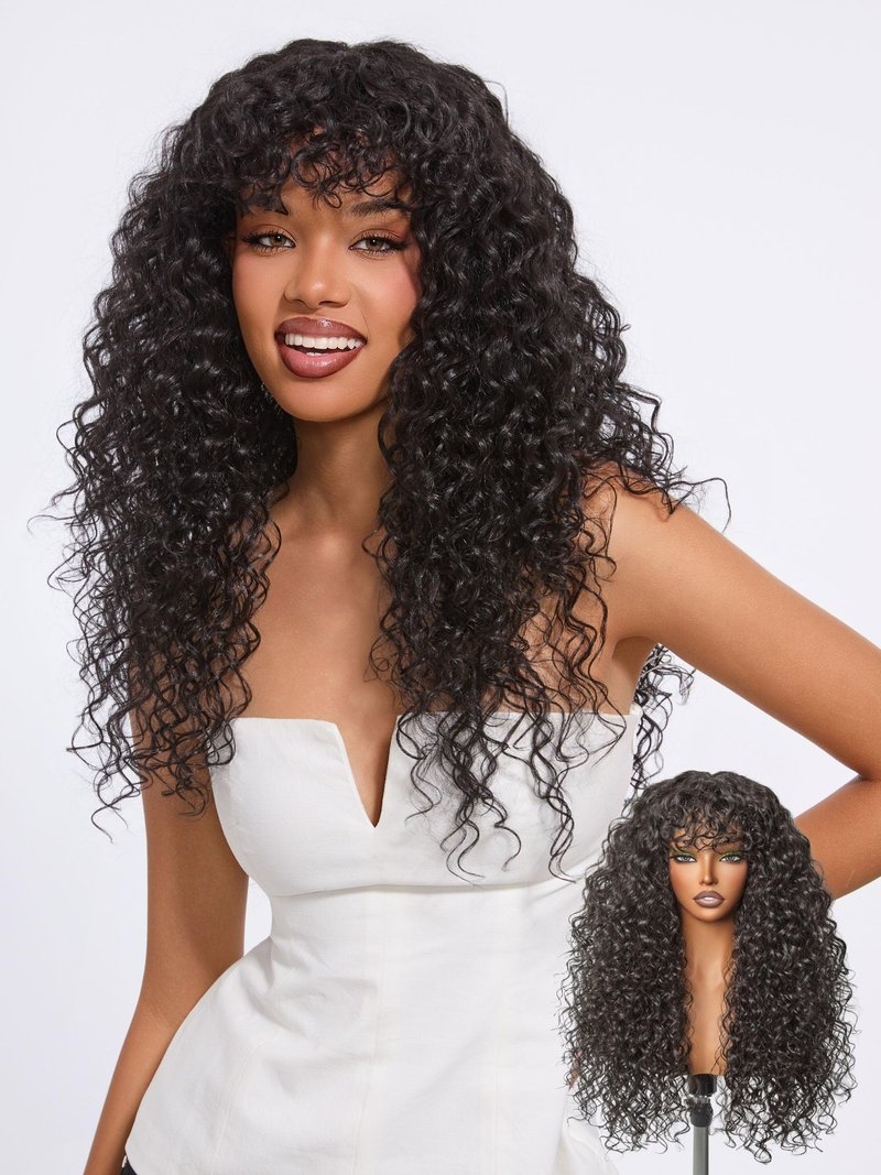 Frodio Veralux Fiber Blend Human Hair 26 Inches Shaggy Curl with Bangs Wig 200% Density Wigs Natural Black Ready to Go Glueless Wig for Women Realistic Look with True Scalp