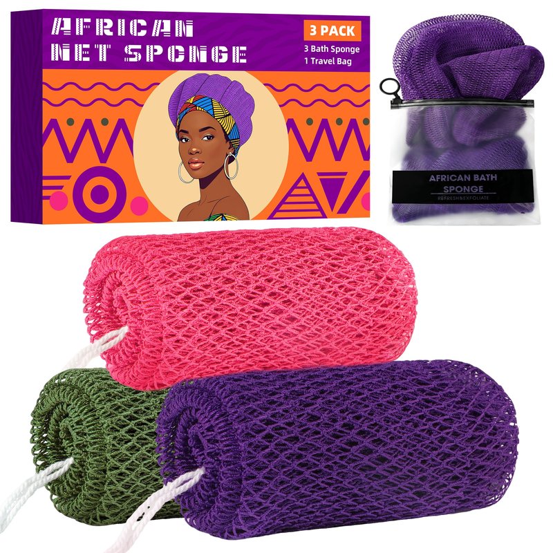 African Net Sponge Authentic, 3 Pieces Exfoliating Scrubber Bath Sponge for All Skin Types, Back Scrubber Loofah Washcloth for Shower, Gentle Exfoliation, Gift 1 Travel Bag (Purple, Pink, Dark Green)