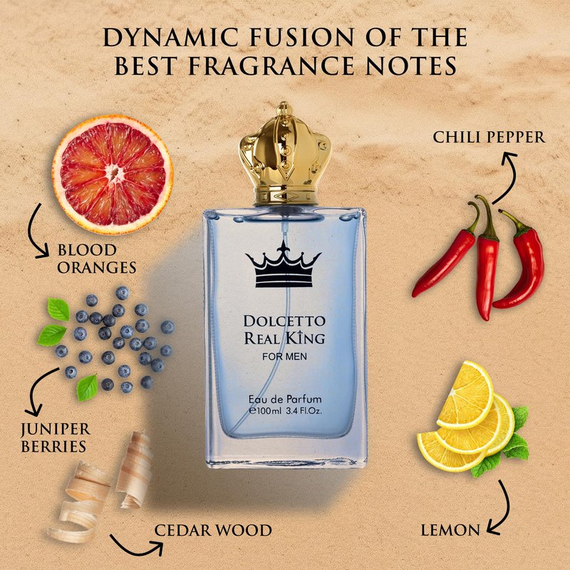 Dolcetto Real King Eau De Parfum for Men woody & Aromatic Fragrance - Citrus Notes & Pimento Essence with Masculine Base - Blend of Spicy Pepper, French Lavender & Haitian Vetiver - 100ml Bottle