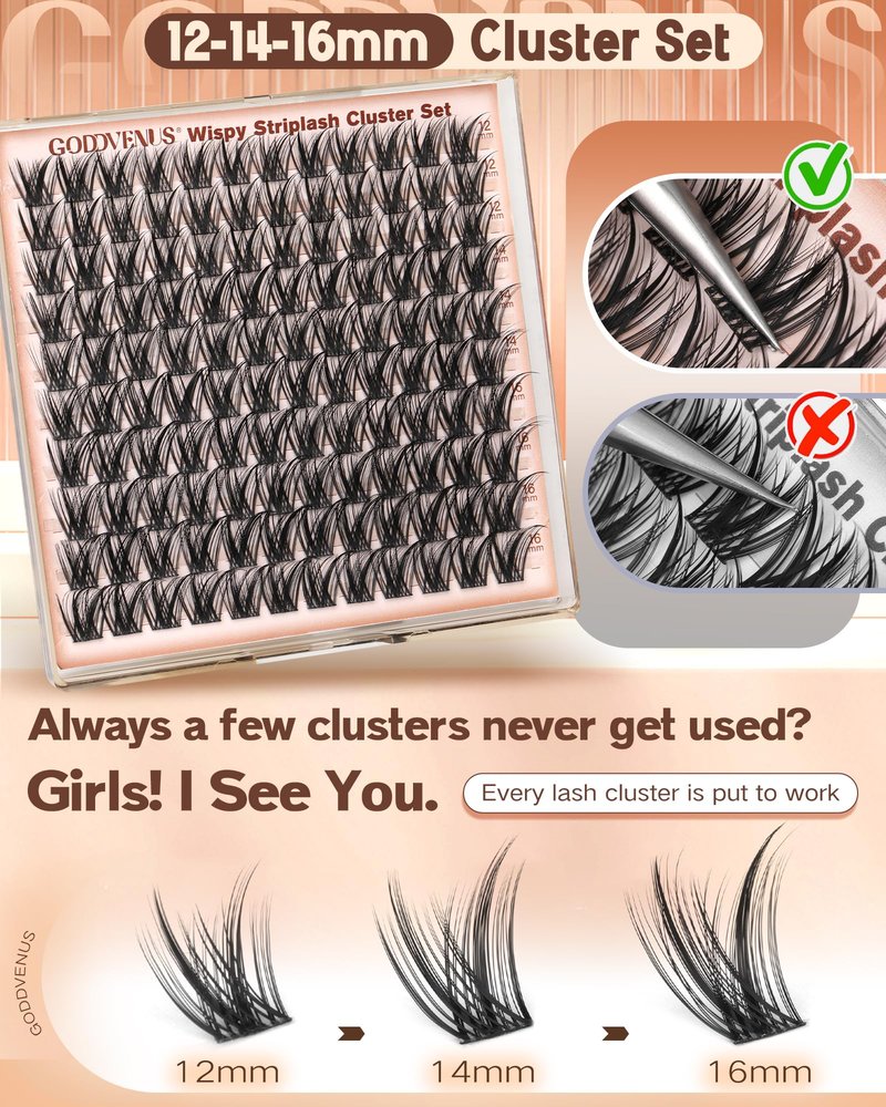 Goddvenus Wispy Lash Clusters 12-14-16mm Eyelash Clusters Set C Curl Pestañas Postizas Naturales Fluffy Natural Lash Clusters for Effortless Eyelash Extensions Individual Lashes DIY False Eyelashes