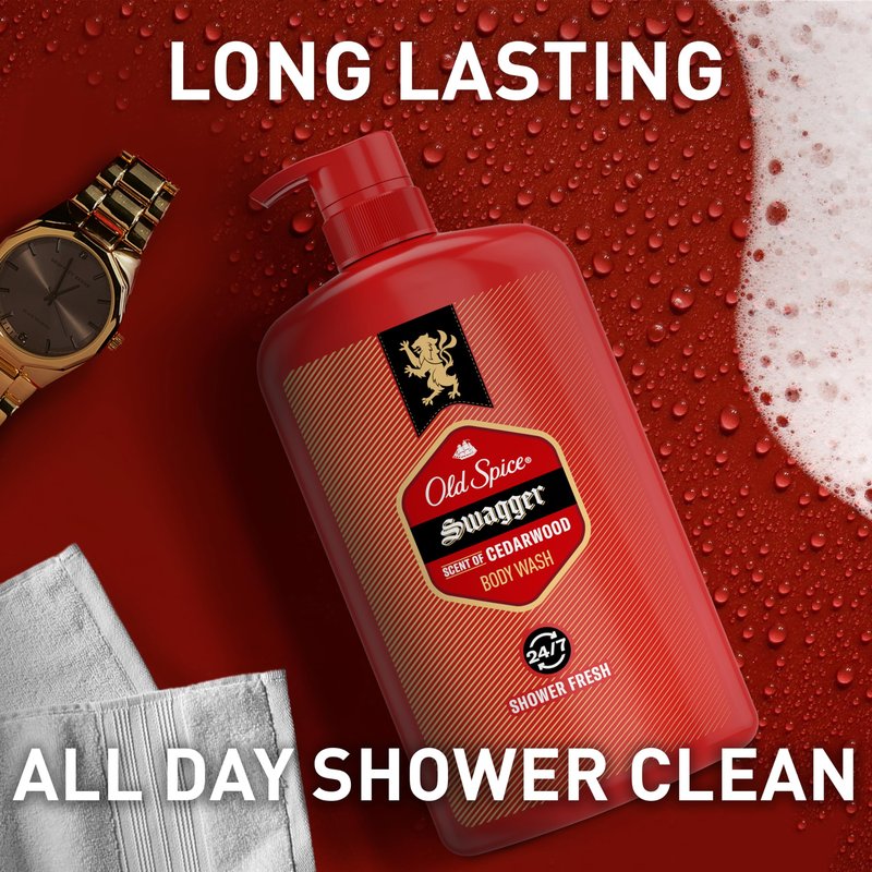 Old Spice Body Wash for Men, Refreshing 3X Defense, 24/7 Shower Fresh with Long Lasting Scent, Red Collection, Swagger with Cedarwood Scent, 33.4 oz (Pack of 4)