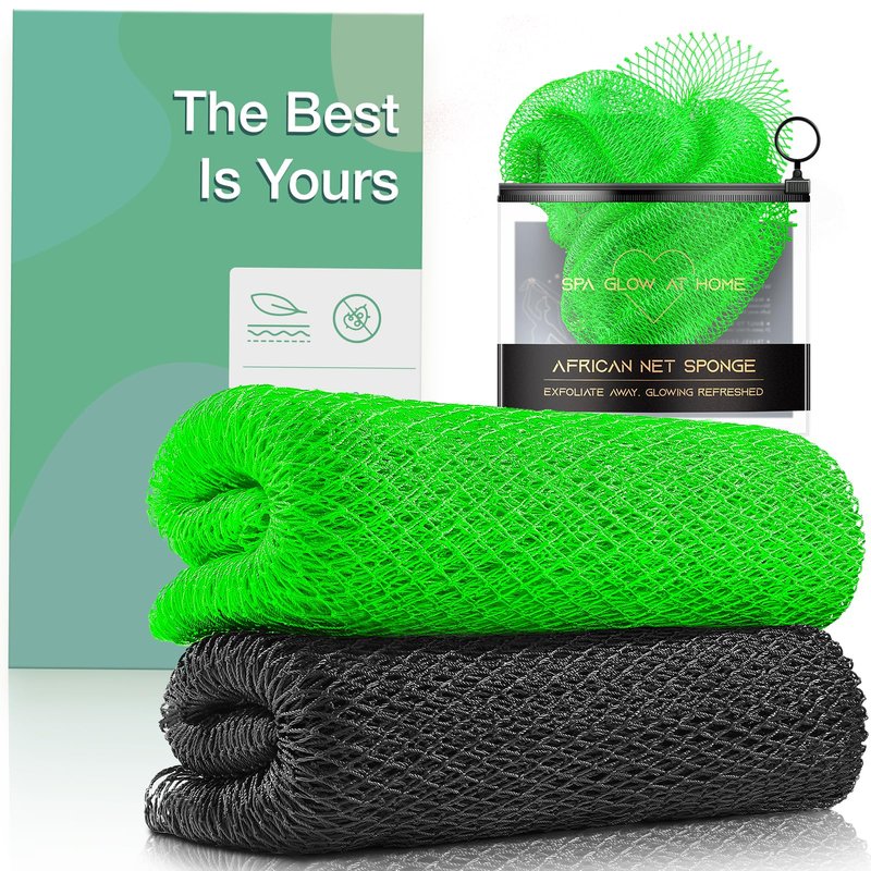 RIUOTA Authentic African Net Sponge, 2 Pack Exfoliating Body Scrubber & Back Scrubber, Gentle Deep Cleansing for Shower, for Men & Women (Black & Green)
