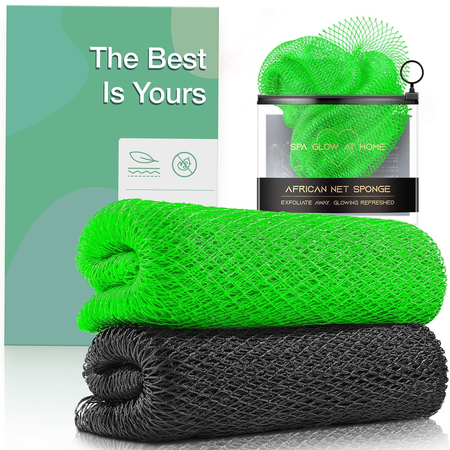 RIUOTA Authentic African Net Sponge, 2 Pack Exfoliating Body Scrubber & Back Scrubber, Gentle Deep Cleansing for Shower, for Men & Women (Black & Green)