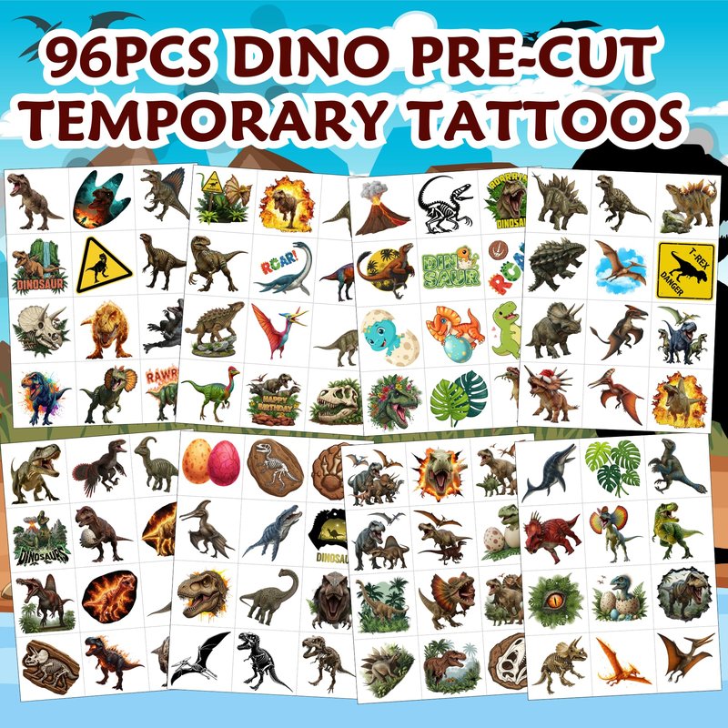 96PCS Dinosaur Temporary Tattoos Stickers - Dinosaur Themed Birthday Party Favors Birthday Party Decorations Supplies Accessories Gift Idea For Kids Teen Boys Girls Classroom Prizes Rewards