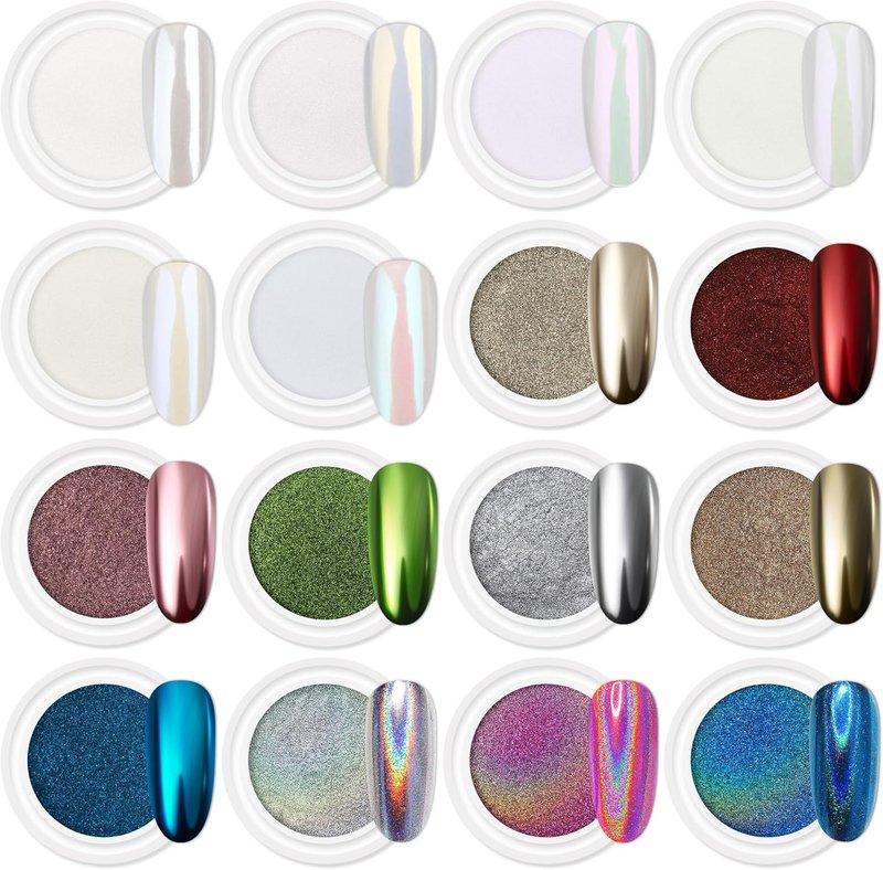 Artdone Chrome Nail Powder Kit - 16 Jars of White Pearl & Silver Metallic Holographic Dip for Nail Art & Crafts