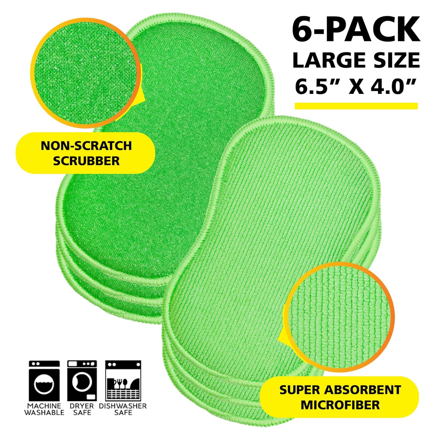 Tub-N-Tile by Tuff-Scrub, Large, 6-Pack, Microfiber, Scrub-N-Wipe Pad, Multi-Surface, Non-Scratch, Dual-Sided, Scrubber for Tubs, Tiles, Sinks – Machine Washable, Durable Kitchen Sponge
