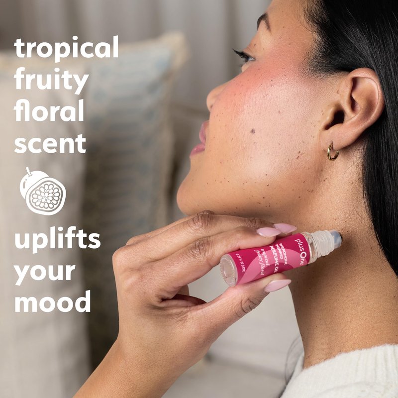 plusOne Pheromone Inspired Perfume Oil – Tropical Fruity Floral – Long-Lasting Rollerball with Passionfruit, Orchid & Coconut Milk – Patented Mood-Boost Technology – 0.34 fl oz