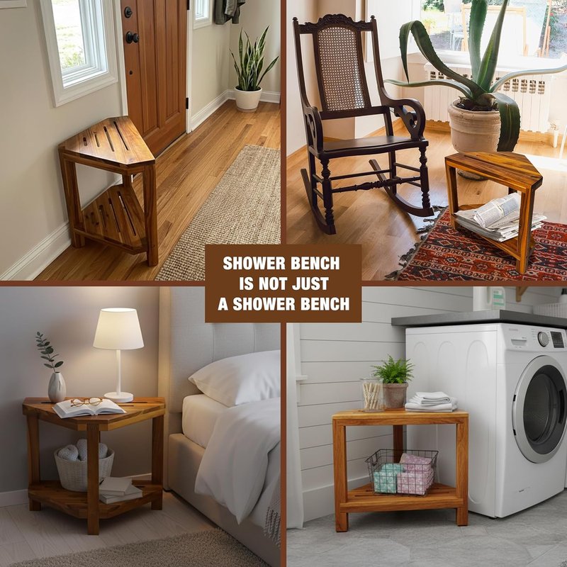 Corner Shower Stool - 20” Acacia Wood Shower Bench with Storage Shelf | Waterproof Foot Rest for Shaving Legs