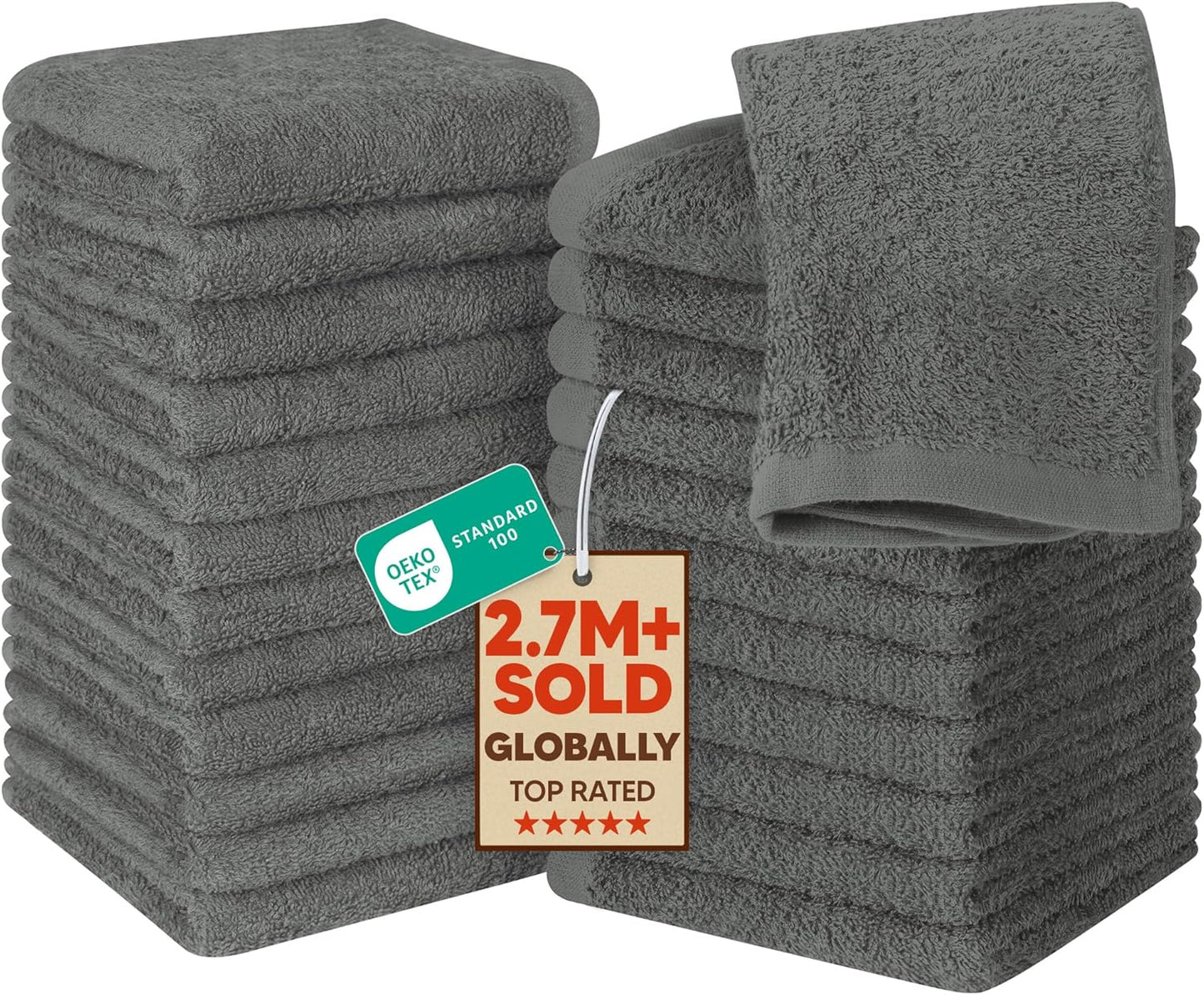 Utopia Towels 24 Pack Cotton Washcloths Set, 100% Ring Spun Cotton, Premium Quality Flannel Face Cloths, Highly Absorbent and Soft Feel Fingertip Towels, Grey