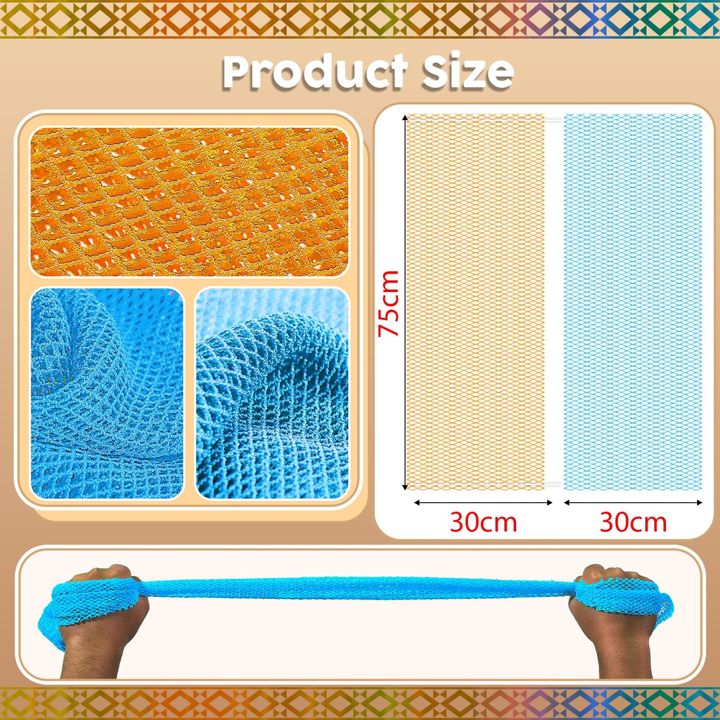 SpiralScgv Real African Net Sponge - 2 Pieces Authentic Exfoliating Body Scrubbers - Ultra-Gentle for Sensitive/Dry/Oily Skin - Shower & Bath Essential (Blue & Orange)