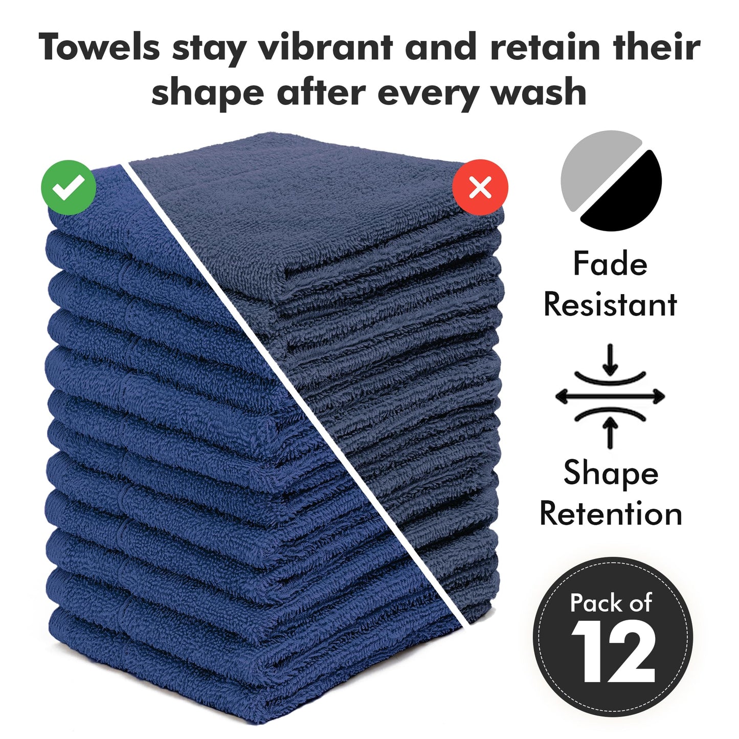 Novo Home Face Towels Pack of 12 – 100% Cotton Wash Cloths (12x12 inch) – Soft, Quick Dry & Highly Absorbent Hand Towels for Bathroom, Spa, Gym, Kitchen and for Daily Use - (Royal Blue)