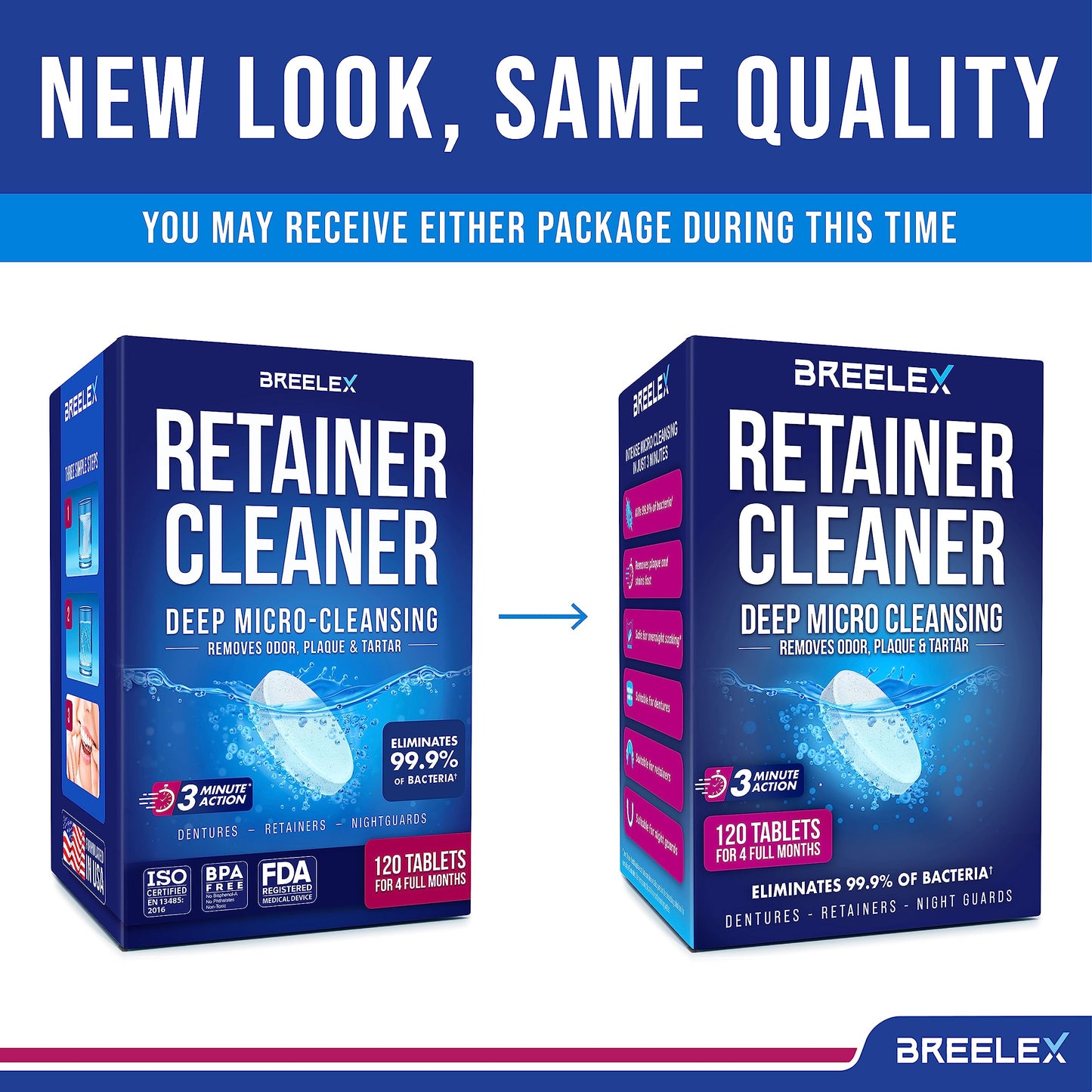 Breelex Retainer Cleaner Tablets for Dentures, Aligners & Night Guards – 120 Denture Cleaning Tablets, 3-Minute Deep Clean, Removes Plaque, Stains & Odor – FSA HSA Eligible