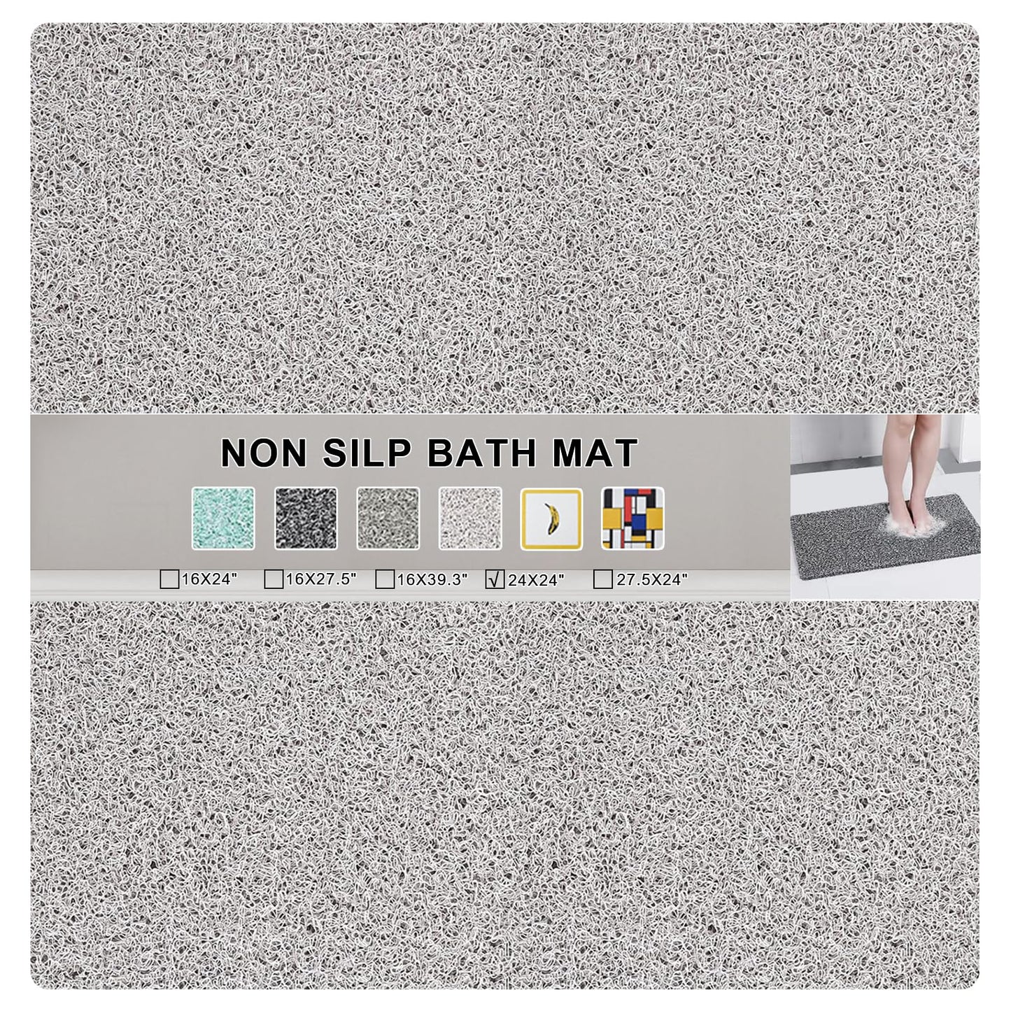 Nonslip Bathtub Mat, Anti Slip Bath Mat 0.6" Extra Thick, Quick Dry Bath Tub Anti Slip Shower Mat, Loofah Non-Slip Bath Mat for Tub Bathroom Pool Kitchen Entryway Home Hotel(Light Gray 24x24)