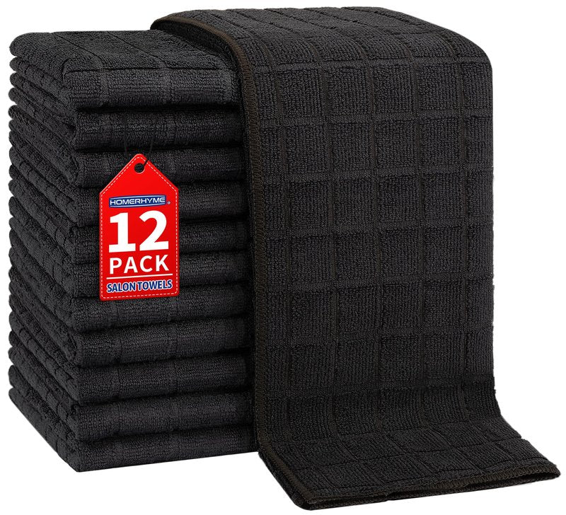 HOMERHYME Salon Towels, 12 Pack Black Hand Towels for Bathroom, 16 by 27 Inches Bulk Quick Dry Absorbent Microfiber Hair Towel, Bathroom Towels for Gym Spa Barber Pedicure Makeup & Beauty