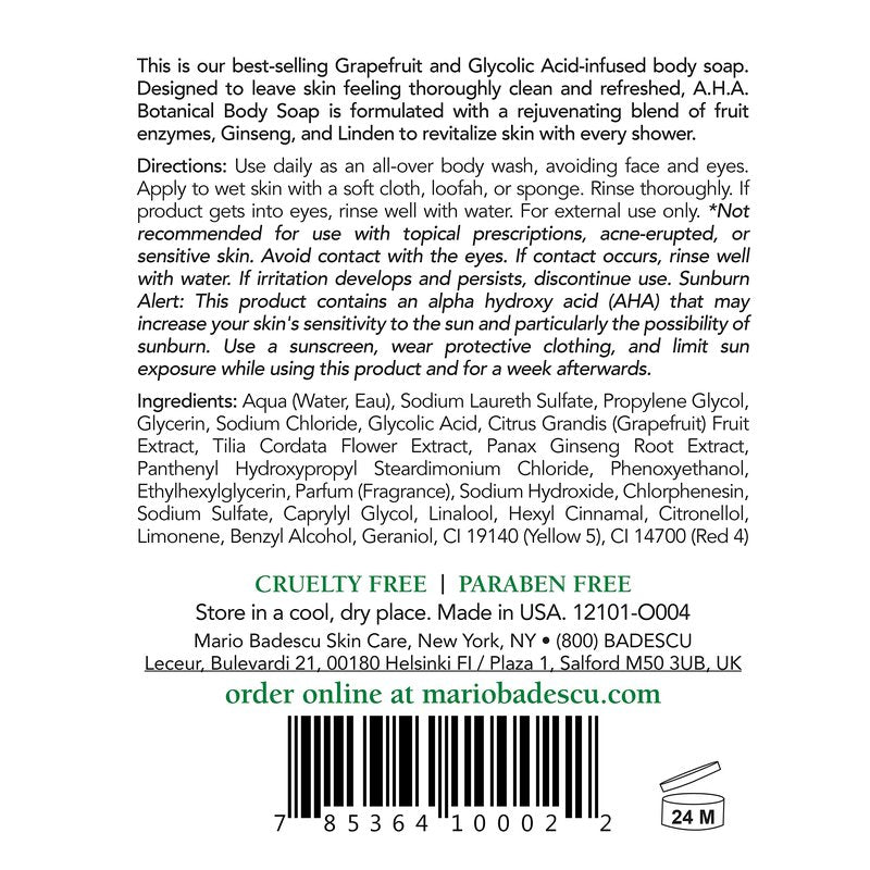 Mario Badescu AHA Botanical Body Wash Moisturizing, Clarifying and Gentle Exfoliating Body Wash for Brighter, Softer and Smoother Skin | Soap Infused with Glycolic Acid & Fruit Enzymes | 16 Fl Oz