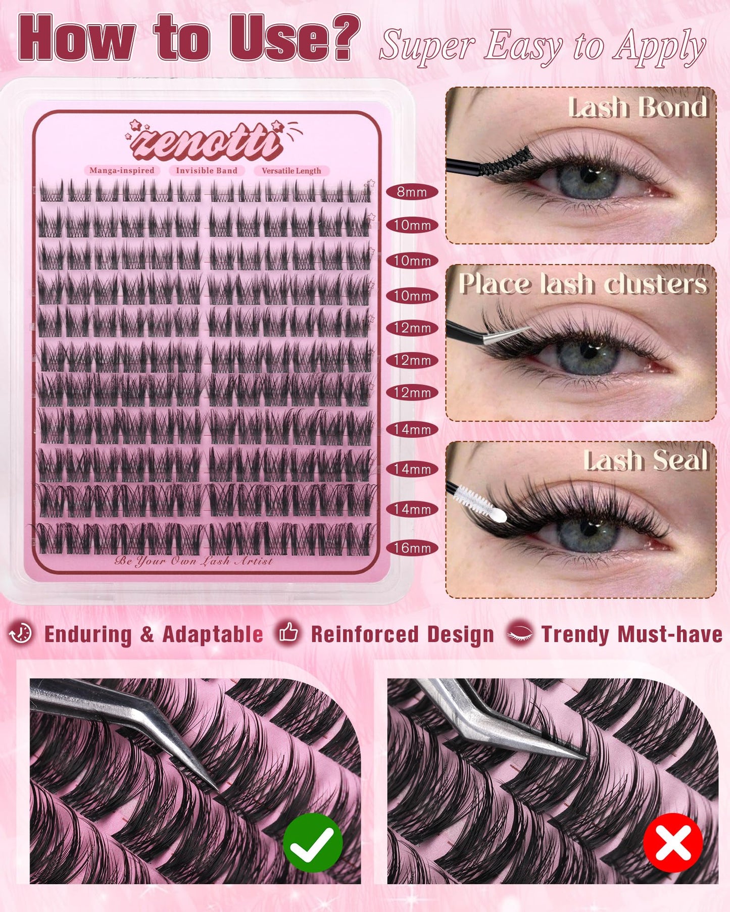 Wispy Lash Clusters Natural Manga Eyelash Clusters Fairy Spiky Individual Lashes Anime Cluster Eyelash Extensions 8-16MM 132PCS Invisible Band Eyelash Extensions by zenotti