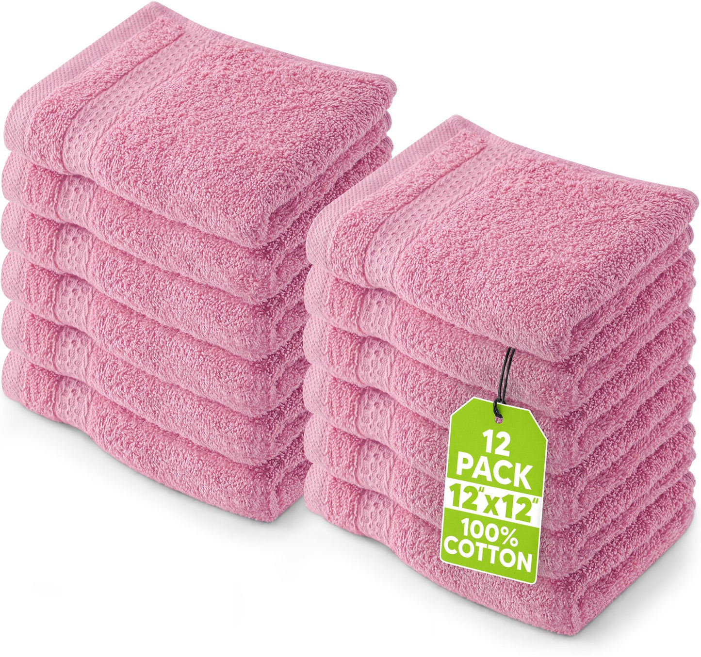 Utopia Towels 12 Pack Premium Wash Cloths Set, 12 by 12 Inches, 100% Cotton Ring Spun, Highly Absorbent and Soft Feel Essential Washcloths for Bathroom, Spa, Gym, and Face, Pink