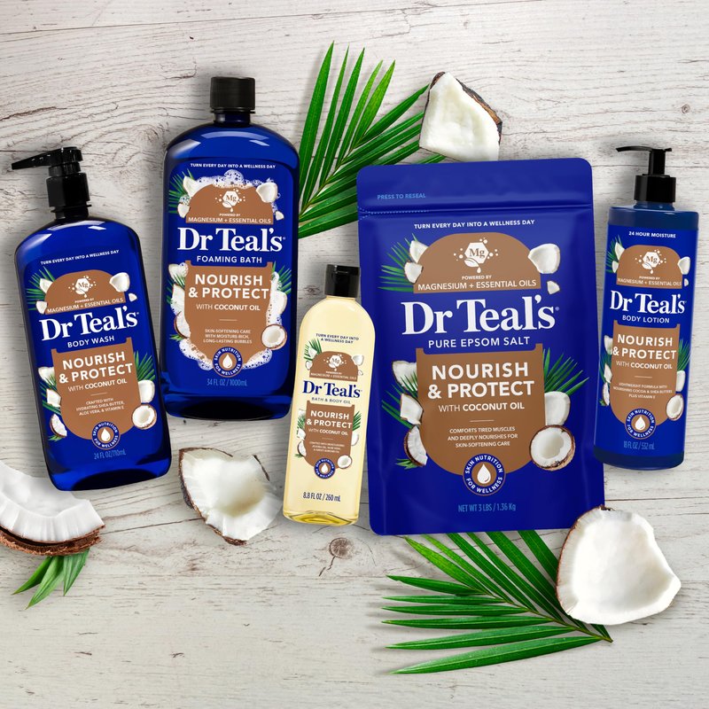 Dr Teal's Epsom Salt Magnesium Soak, Nourish & Protect with Coconut Oil, 3 lbs (Pack of 4)