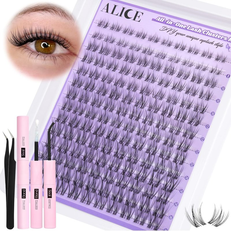 Cluster Eyelash Extension Kit - Natural Wispy Lash Clusters with Clear Band | 168pcs C-Curly 11-13mm Individual Lashes & Glue