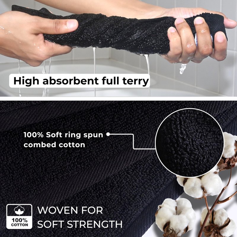 LIVINATI Thick Black 100% Cotton Wash Cloths for Showering Body and Face - 12"X12" 6 Pack Washcloths - Small Terry Towel Bath Rags for Adults and Kids Bathroom - Soft Absorbent