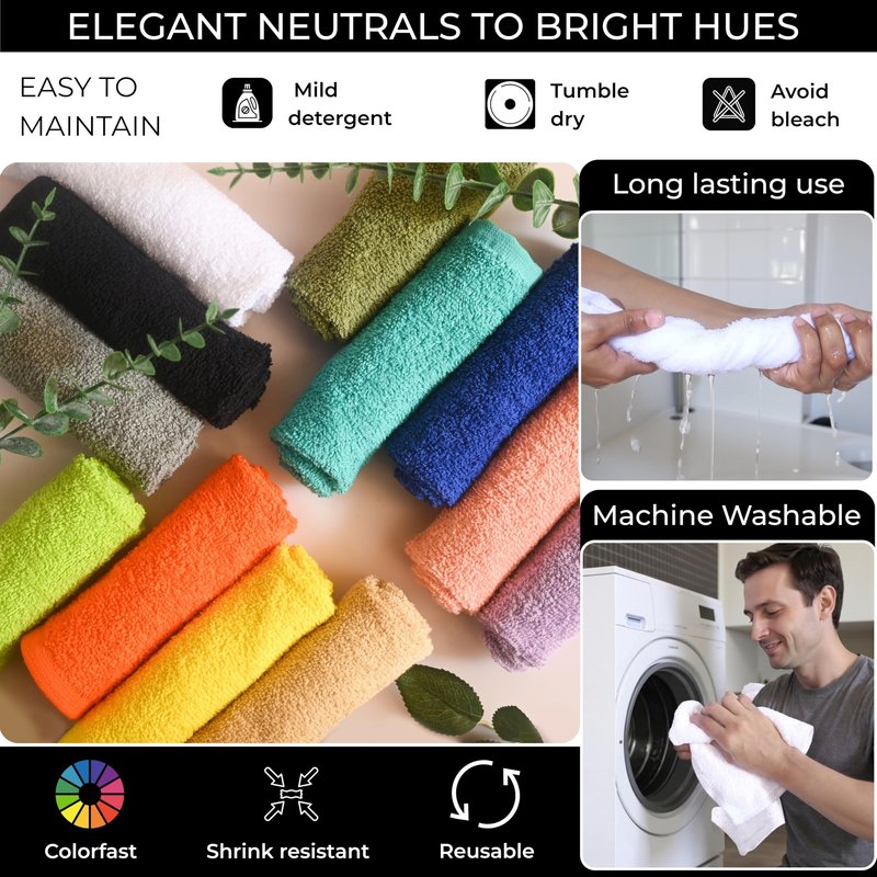 LIVINATI 100% Cotton Wash Cloths for Showering Body and Face - 12"X12" Set of 12 Washcloths Variety Colors Pack - Small Terry Towel Bath Rags for Adults and Kids Bathroom - Soft Absorbent