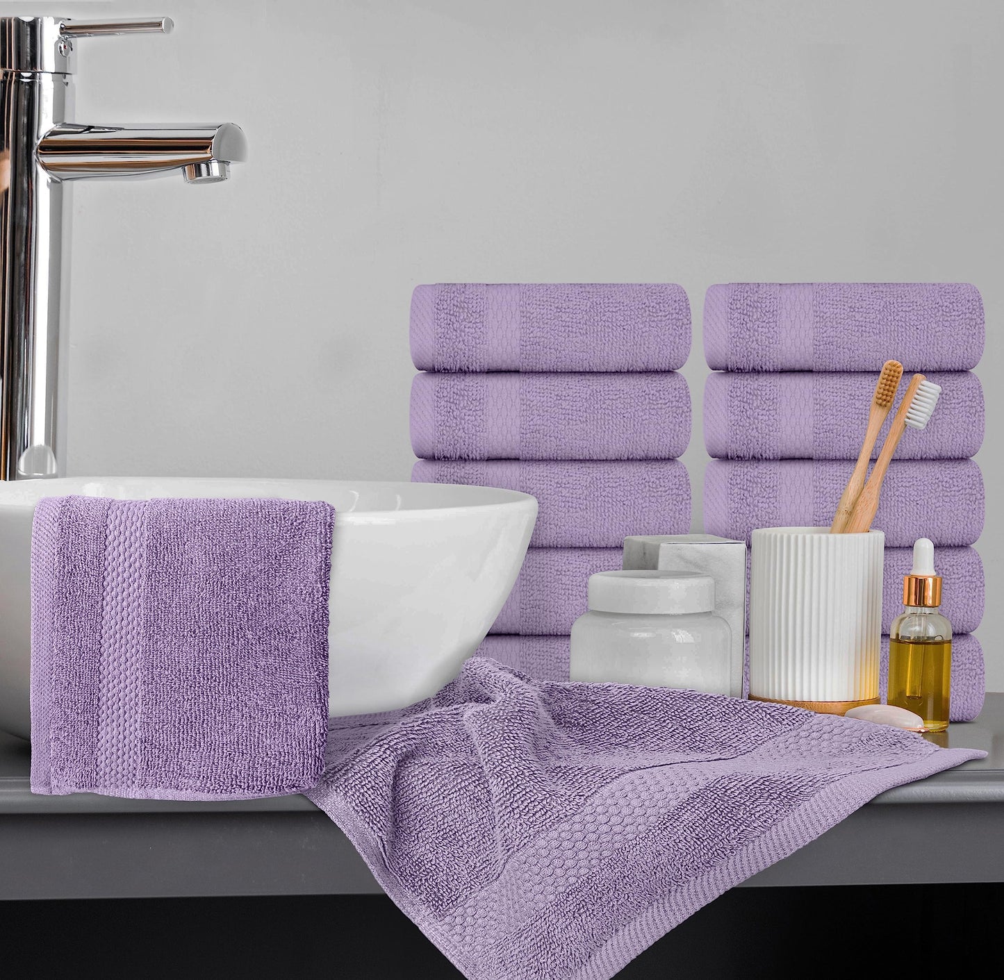 White Classic Luxury Cotton Washcloths 13x13 Inch - 650 GSM Turkish Cotton | Hotel, Spa, Bathroom Face Towel | 12 Pack, Lavender