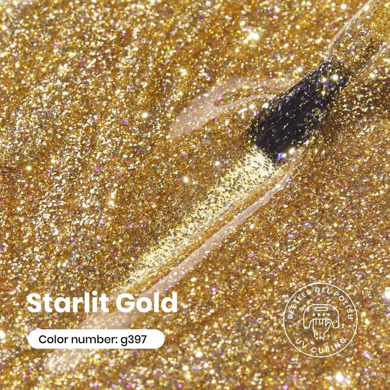 Beetles Gold Gel Nail Polish – Starlit Gold Sparkling Glitter Reflective Purple Gel Polish 15ml UV/LED Soak Off Long Lasting Nail Art Home DIY Salon