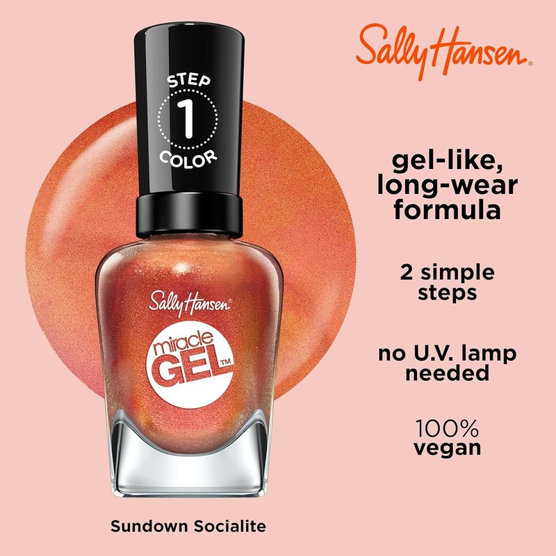 Sally Hansen Miracle Gel Nail Polish - Salon Quality, Long Lasting Gel-Like Formula | 382 Sundown Socialite | Opaque Brown Orange Color