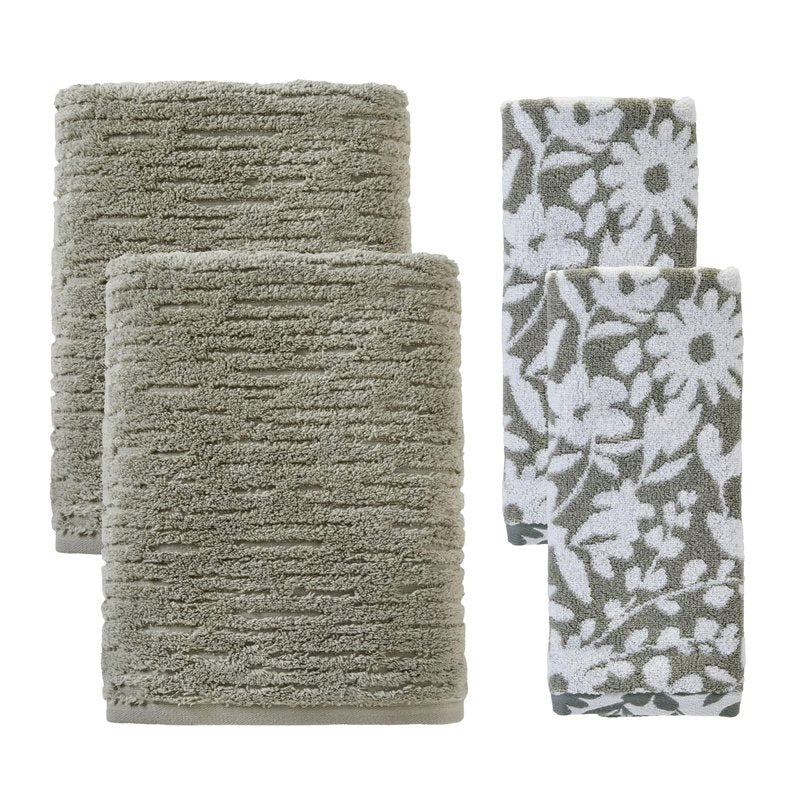 SKL Home CloudSoft/Bedford Floral 100% Cotton Luxury 4-Piece Towel Set, 600 GSM, Ultra Plush & Absorbent, Reversible Jacquard - 2 Bath Towels, 2 Hand Towels, Sage