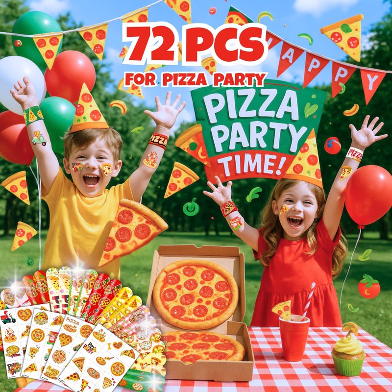 72PCS Pizza Party Set 48PCS Temporary Tattoos 24PCS Slap Bracelets Fun Food Themed Birthday Supplies, Baby Shower Gifts, Classroom Rewards & Party Decor for Kids Boys & Girls