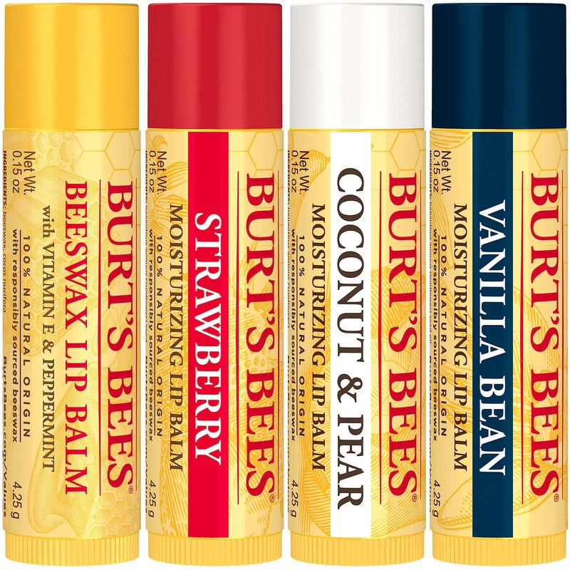 Burt's Bees Lip Balm, Beeswax, Strawberry, Coconut and Pear, and Vanilla Bean Pack, With Responsibly Sourced Beeswax, Tint-Free, Natural Lip Treatment, 0.15 oz., Four Tubes