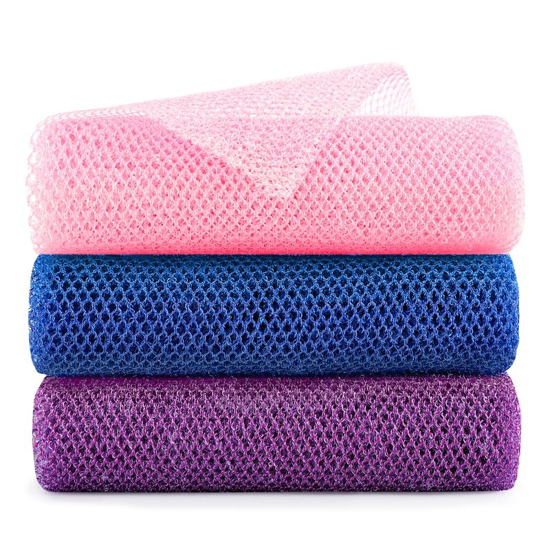 GLOBECARRY African Net Sponge Extra Long 3 Pieces, Loofah Back Scrubber for Shower, Exfoliating Washcloth & Body Scrubber, 39.37" L x 12.99" W Bath Sponge (Blue, Pink, Purple)