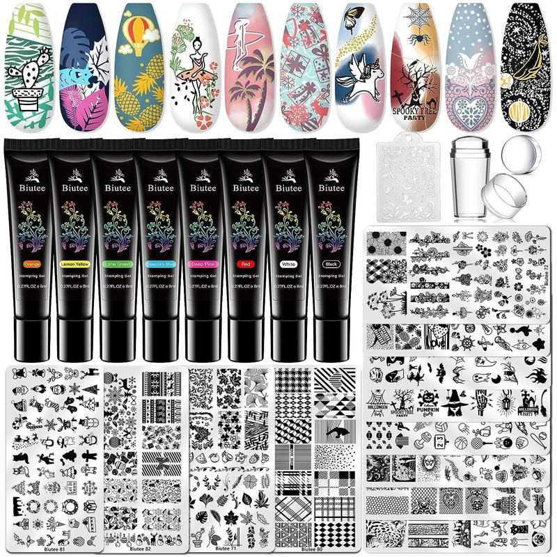 Nail Stamping Kit - 22-Piece Gel Nail Art Set with 12 Plates & 8 Polishes | Silicone Stamper & Scraper for Floral & Holiday Designs