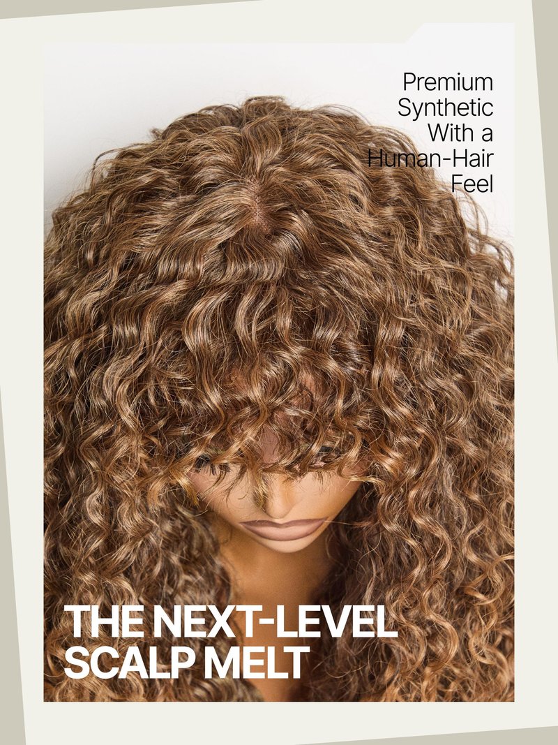 Frodio Veralux Fiber Blend Human Hair 20 Inches Shaggy Curl with Bangs Wig 200% Density Wigs Highlight Brown Ready to Go Glueless Wig for Women Realistic Look with True Scalp