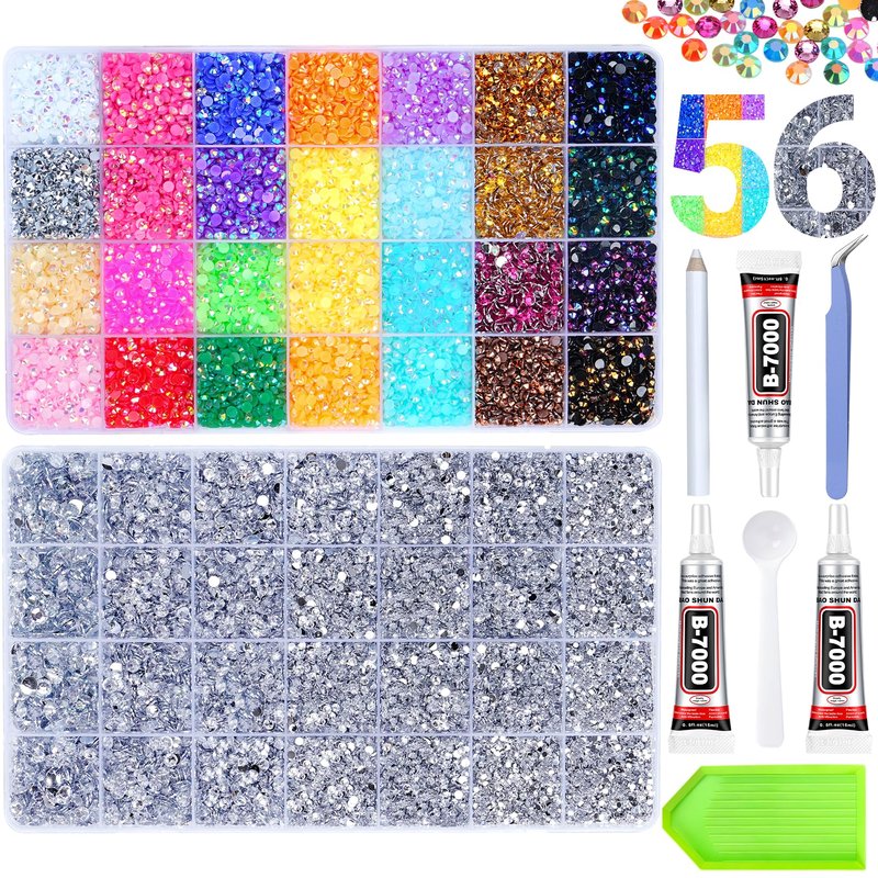 46000Pcs Jelly Rhinestones for Bedazzling, 2 Boxes Multicolor 4mm & Silver Clear 2/3/4/5/6mm Resin Flatback Gems for Crafting, Bedazzler Kit with 3Pcs 15ml B7000 Jewelry Glue for Book Clothes Crafts