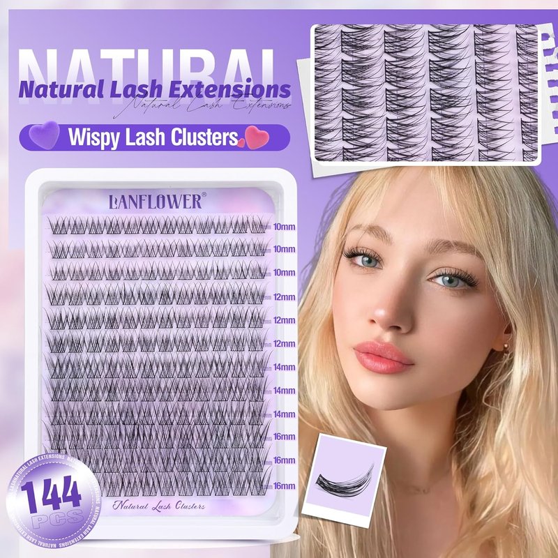 Lanflower Natural Lash Clusters Kit - Waterproof Wispy Eyelash Extensions | 144pcs, 10-16mm Sizes