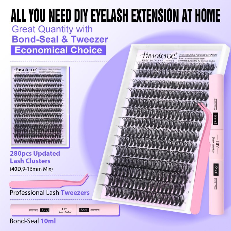 Pawotence Lash Clusters Kit 40D Individual Lashes Extension Kit DIY 280pcs 9-16mm Cluster Eyelash Extension Kit with Lash Bond and Seal, Lash Tweezers for Self Use (40D, 0.07D, 9-16mm, Kit)