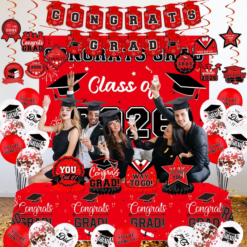 DMIGHT Graduation Decorations 2026, Class of 2026 Backdrop, Banner, 2026 Foil Balloons, Tablecloth, Hanging Swirls, Honeycomb Centerpieces, Party Supplies Decorations Set for College (RED)