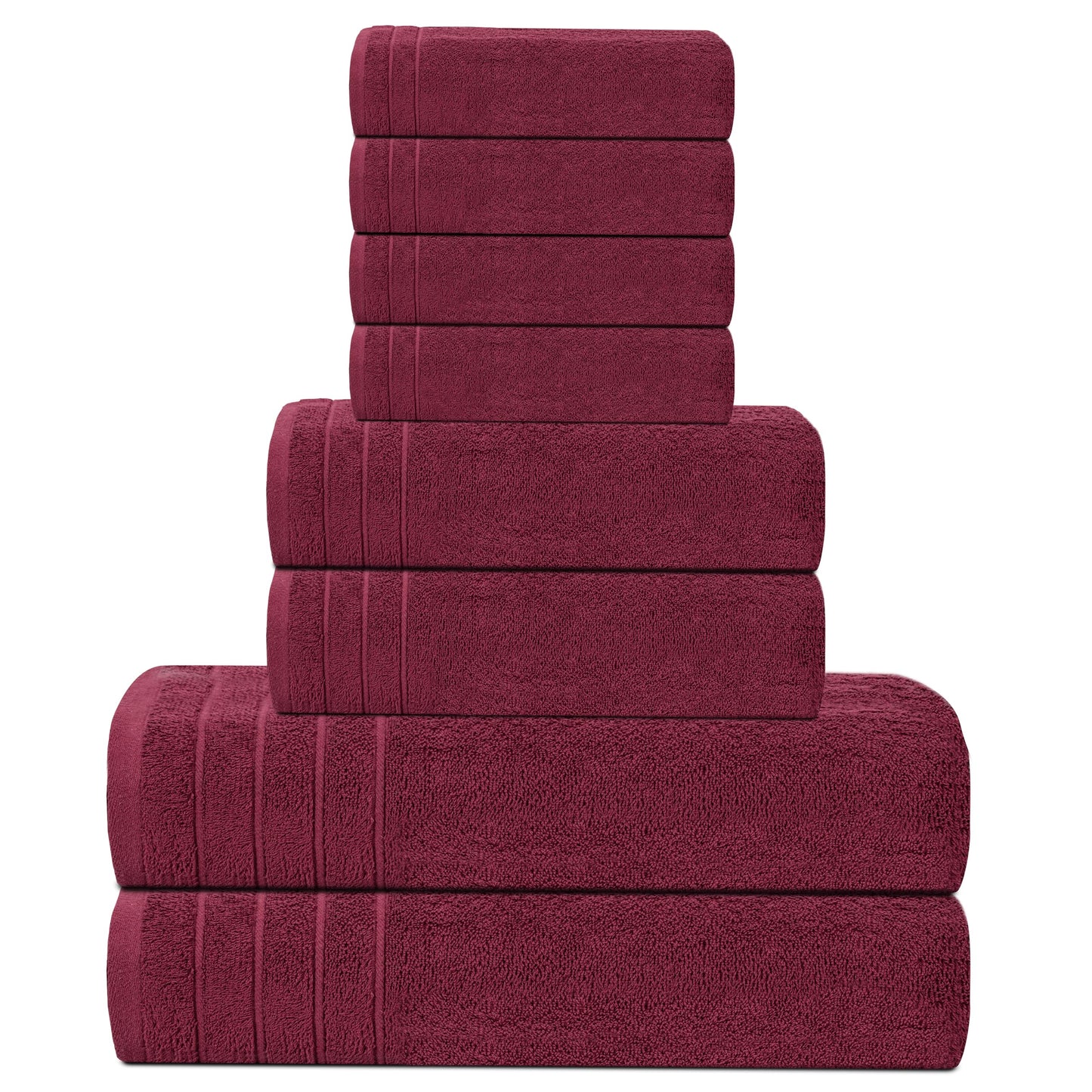 Tens Towels Pack of 8 Towels Set, 2 Extra Large Bath, 2 Hand, 4 Washcloths, 100% Cotton, Lighter Weight, Quicker to Dry, Super Absorbent, Perfect for Bathroom, Burgundy