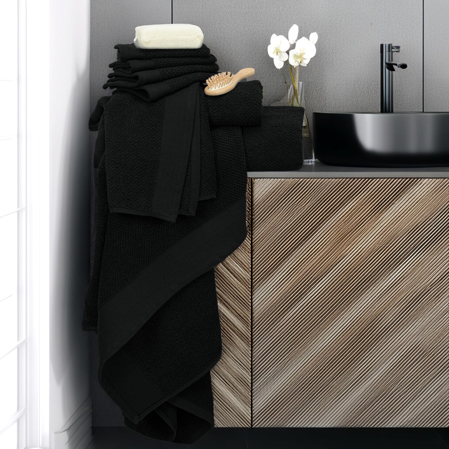 Tens Towels Pack of 8 Popcorn Textured Luxury Towels Set, 2 Extra Large Bath, 2 Hand, 4 Washcloths, 100% Cotton, Plush Hotel Quality, Super Absorbent, Perfect for Your Bathroom, Black