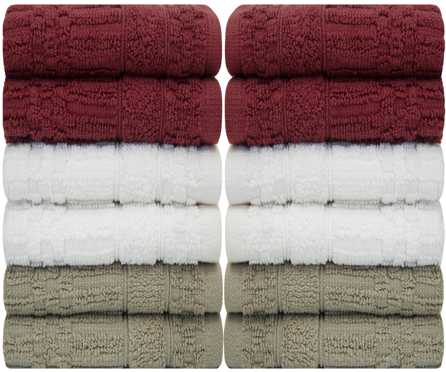PH Pleasant Home Diamond Wash Cloths Set - 12 Pack (12” x 12”) – 509 GSM - 100% Ring Spun Cotton Wash Cloth - Super Soft and Highly Absorbent Face Towels (Maroon, White & Tan)