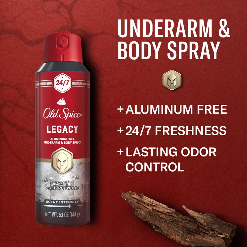 Old Spice Aluminum Free Body Spray for Men, 24/7 Signature Scent & Lasting Freshness, All-Day Odor Protection, Easy Application, Legacy with Coconut, Pine & Cedar Scent, 5.1 oz