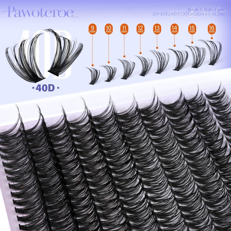 Pawotence Lash Clusters 200pcs Individual Lashes 40D Cluster Eyelash Extensions 9-16mm Eyelash Clusters Lash Extensions for Self Application (40D, 0.07D, 9-16mm)