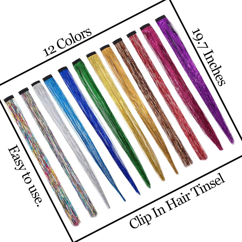19.7 Inch Clip In Hair Fairy Tinsel Kit Clips Clip On Glitter Hair Tinsel Extensions 12 Colors