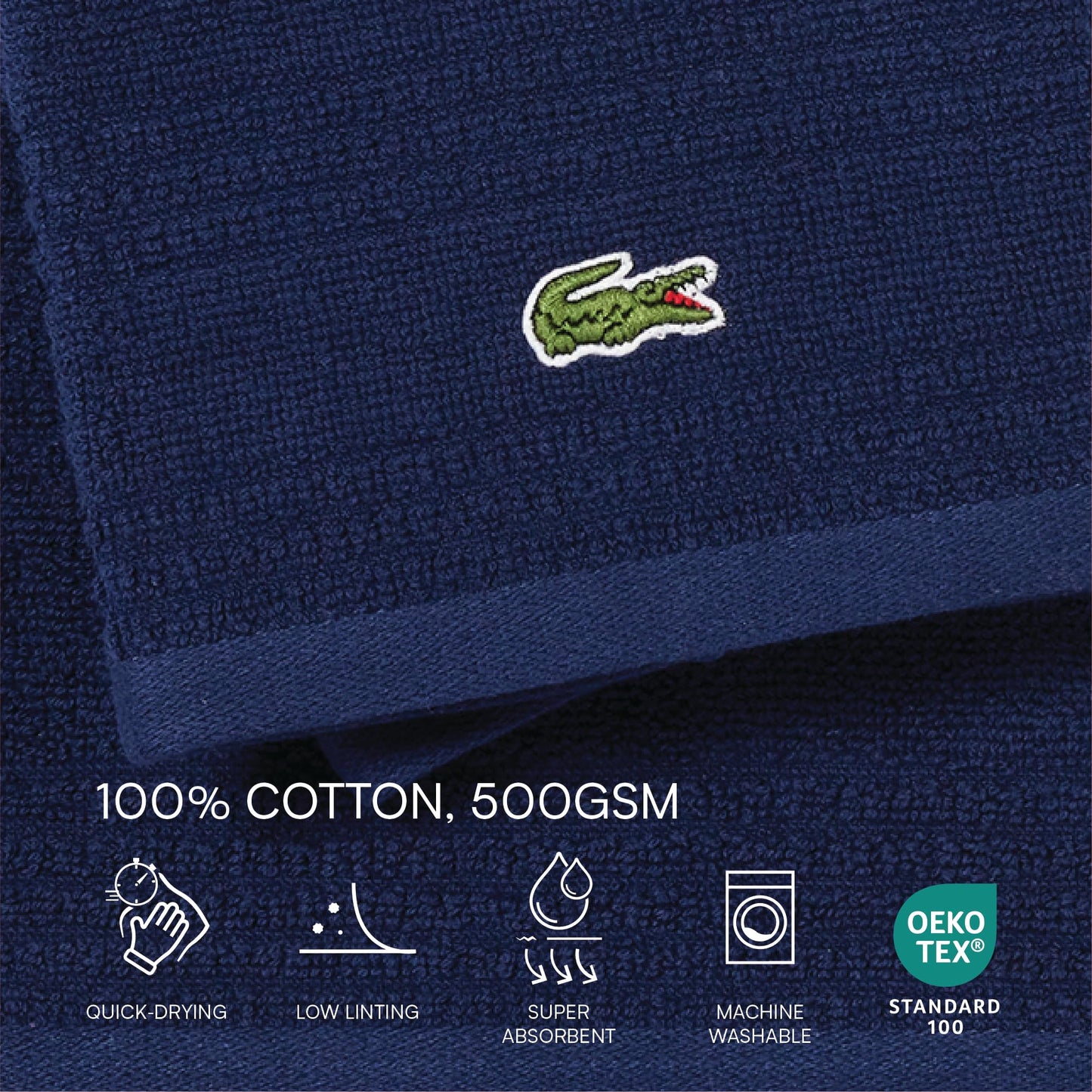 Lacoste Grand Slam 6-Piece Towel Set – Soft and Absorbent 100% Cotton Towels for Bathroom, Quick-Drying – Includes 2 Bath Towels, 2 Hand Towels, 2 Washcloths, Navy